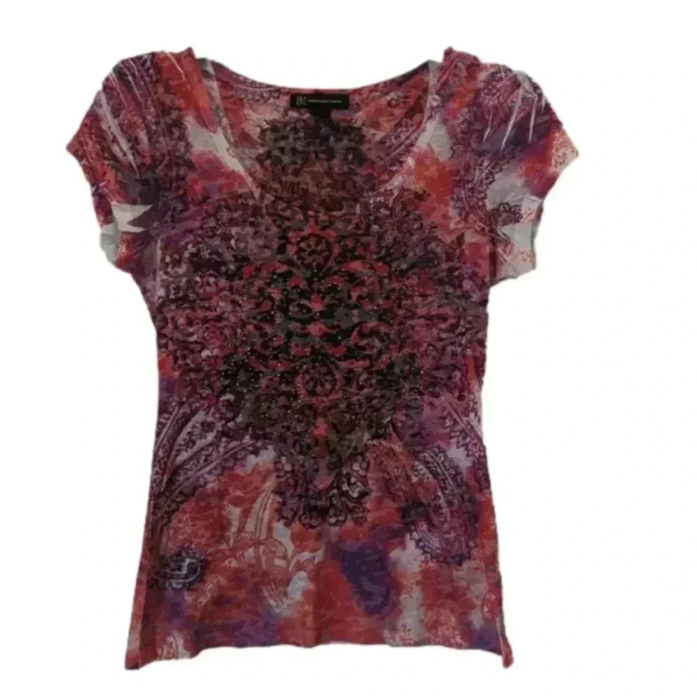 INC international concept women's red multi colored shirt